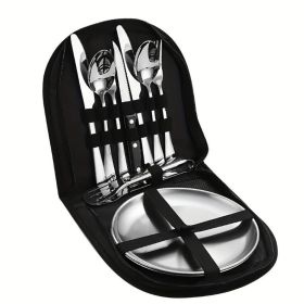 ctwo set of 10 portable stainless steel tableware, suitable for hotels/restaurants/gatherings, hiking, and camping adventures. There are plates, forks