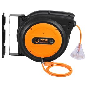 VEVOR Retractable Extension Cord Reel Power Cord Reel 65FT 12AWG/3C SJTOW