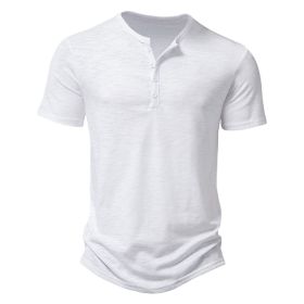 Men's Henley Shirts Short Sleeve Button Cotton Casual Basic Tee Summer Solid T Shirts (Color: White, size: S)