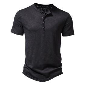 Men's Henley Shirts Short Sleeve Button Cotton Casual Basic Tee Summer Solid T Shirts (Color: Black, size: S)