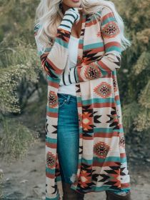 Women's Sweater Multicolor Geometric Color Block Open Front Long Cardigan (Color: Multicolor, size: L)