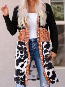 Women's Outwear Loose Cow Pattern Print Patchwork Open Front Jacket (Color: Black, size: XXL)