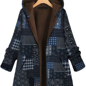 Plus Size Patchwork Print Hoodie Fleece Liner Thermal Coat; Women's Plus Long Sleeve Casual Coat (Color: navy blue, size: 1XL(14))