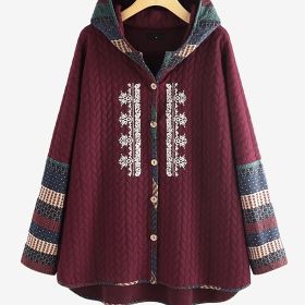 Plus Size Rib Knit Solid Hoodie Colorblock Coat; Women's Plus Slight Stretch Casual Winter Coat (Color: Claret, size: 5XL(22))