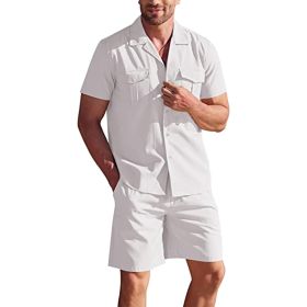 Men's 2 Piece Linen Sets Short Sleeve Button Up Shirt and Shorts Summer Casual Beach Outfits (Color: White, size: XXL)