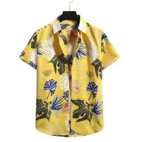 Mens Hawaiian Shirt Casual Short Sleeve Button Down Shirts Aloha Shirt (Color: Yellow, size: XL)