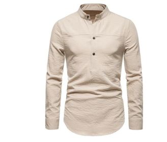 Men's Long Sleeve Button Down Banded Collar Shirt (Color: Brown, size: M)