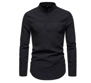 Men's Long Sleeve Button Down Banded Collar Shirt (Color: Black, size: S)