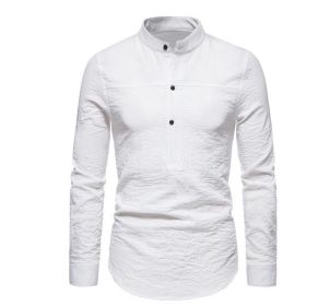 Men's Long Sleeve Button Down Banded Collar Shirt (Color: White, size: XL)