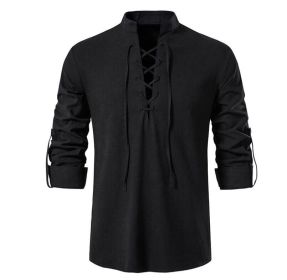 Men's Cotton Linen Shirt Lace Up Henley Long Sleeve Shirt (Color: Black, size: S)