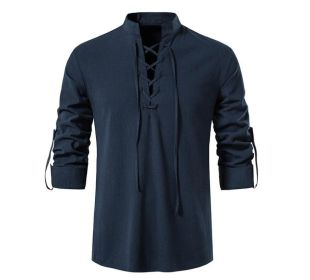 Men's Cotton Linen Shirt Lace Up Henley Long Sleeve Shirt (Color: Navy, size: XS)