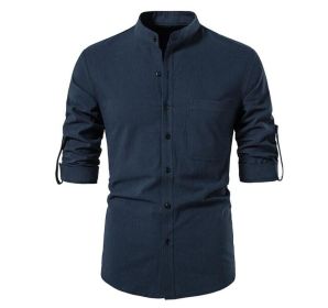 Men Henley Neck Long Sleeve Daily Look Linen Shirts (Color: Navy, size: S)