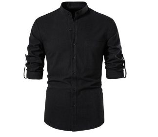 Men Henley Neck Long Sleeve Daily Look Linen Shirts (Color: Black, size: XL)