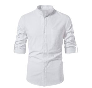 Men Henley Neck Long Sleeve Daily Look Linen Shirts (Color: White, size: S)