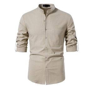 Men Henley Neck Long Sleeve Daily Look Linen Shirts (Color: Brown, size: L)