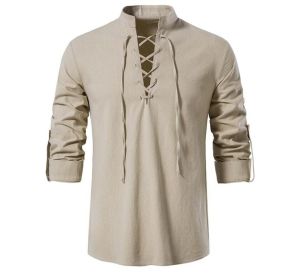 Men's Cotton Linen Shirt Lace Up Henley Long Sleeve Shirt (Color: Brown, size: M)