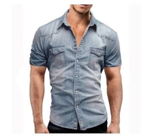 Men's Button Down Shirts Short Sleeve Denim Shirt (Color: Light Blue, size: XS)