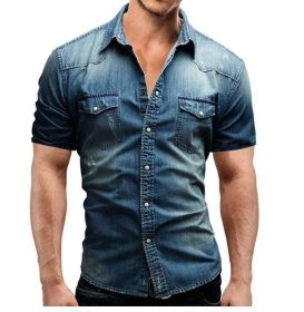 Men's Button Down Shirts Short Sleeve Denim Shirt (Color: Blue, size: XL)