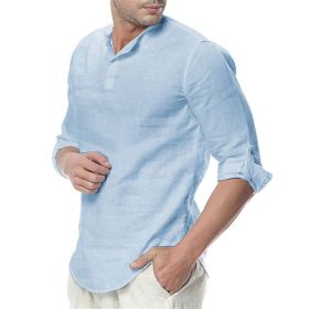 Mens Linen Cotton Henley Shirt Casual Long Sleeve Tops (Color: Blue, size: XL)