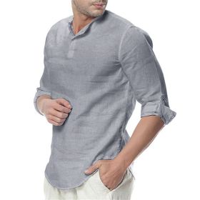 Mens Linen Cotton Henley Shirt Casual Long Sleeve Tops (Color: Gray, size: XL)