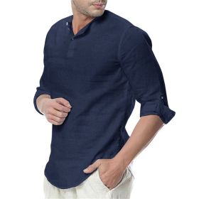 Mens Linen Cotton Henley Shirt Casual Long Sleeve Tops (Color: Black, size: S)