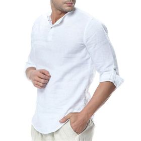 Mens Linen Cotton Henley Shirt Casual Long Sleeve Tops (Color: White, size: L)