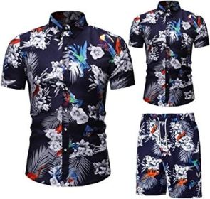 Men's Flower 2 Piece Tracksuit Shirt Casual Hawaiian Short Sleeve Shirts and Pants Suit (Color: 4, size: L)