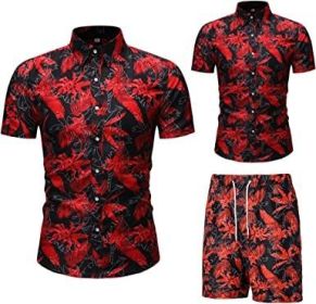 Men's Flower 2 Piece Tracksuit Shirt Casual Hawaiian Short Sleeve Shirts and Pants Suit (Color: 3, size: XL)