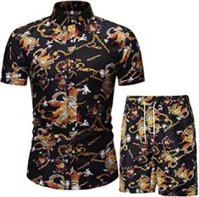 Men's Flower 2 Piece Tracksuit Shirt Casual Hawaiian Short Sleeve Shirts and Pants Suit (Color: 2, size: XL)