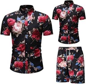 Men's Flower 2 Piece Tracksuit Shirt Casual Hawaiian Short Sleeve Shirts and Pants Suit (Color: 7, size: S)