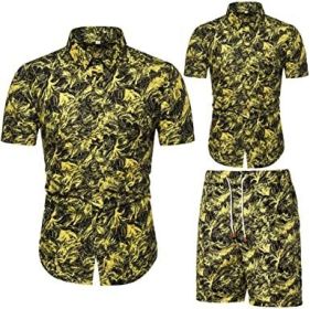 Men's Flower 2 Piece Tracksuit Shirt Casual Hawaiian Short Sleeve Shirts and Pants Suit (Color: 5, size: S)