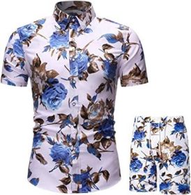 Men's Flower 2 Piece Tracksuit Shirt Casual Hawaiian Short Sleeve Shirts and Pants Suit (Color: 9, size: XL)