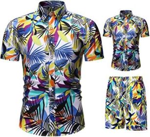 Men's Flower 2 Piece Tracksuit Shirt Casual Hawaiian Short Sleeve Shirts and Pants Suit (Color: 1, size: M)