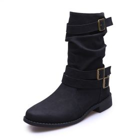 Leather Belt Buckle Rider Boots (Color: Black, size: 9)