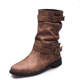 Leather Belt Buckle Rider Boots (Color: Brown, size: 8.5)