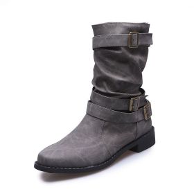 Leather Belt Buckle Rider Boots (Color: Gray, size: 7.5)