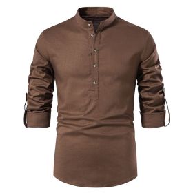 Men's Stand Collar Cotton Linen Long Sleeve Shirt (Color: Coffee, size: L)