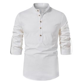 Men's Stand Collar Cotton Linen Long Sleeve Shirt (Color: White, size: 2XL)