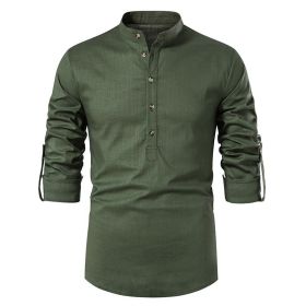 Men's Stand Collar Cotton Linen Long Sleeve Shirt (Color: Green, size: XL)