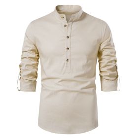 Men's Stand Collar Cotton Linen Long Sleeve Shirt (Color: Brown, size: 2XL)