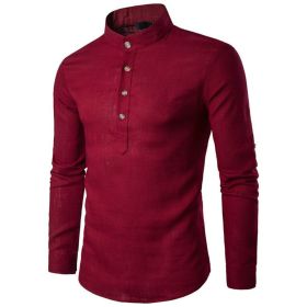 Men's Henley Shirt Mandarin Collar Long Sleeve Loose Fit Linen Shirts (Color: Red, size: XL)