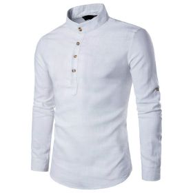 Men's Henley Shirt Mandarin Collar Long Sleeve Loose Fit Linen Shirts (Color: White, size: M)