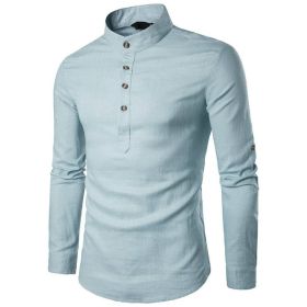 Men's Henley Shirt Mandarin Collar Long Sleeve Loose Fit Linen Shirts (Color: Light Blue, size: L)