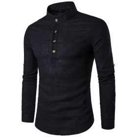 Men's Henley Shirt Mandarin Collar Long Sleeve Loose Fit Linen Shirts (Color: Black, size: M)