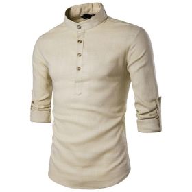 Men's Henley Shirt Mandarin Collar Long Sleeve Loose Fit Linen Shirts (Color: Khaki, size: L)