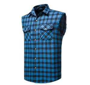 Mens Sleeveless Plaid Shirt Flannel Button Down Shirts (Color: Blue, size: L)