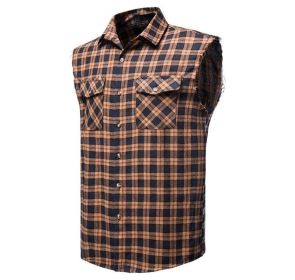 Mens Sleeveless Plaid Shirt Flannel Button Down Shirts (Color: Brown, size: XL)