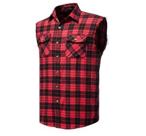 Mens Sleeveless Plaid Shirt Flannel Button Down Shirts (Color: Red, size: S)