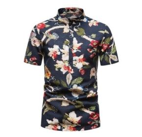 Men's Hawaiian Henley Collar Beach Short Sleeve Shirt (Color: Black, size: L)