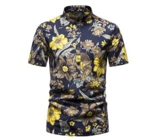 Men's Hawaiian Henley Collar Beach Short Sleeve Shirt (Color: Navy, size: XS)